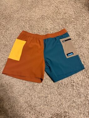 Kavu Two-Tone Elastic Waist Colorblock Shorts - Rust, Teal, Yellow, Tan